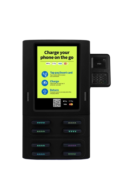 Kompakte TopCharge-Tisch- und Wandstation CS-SP08 in Schwarz mit Kartenterminal und acht Fächern.