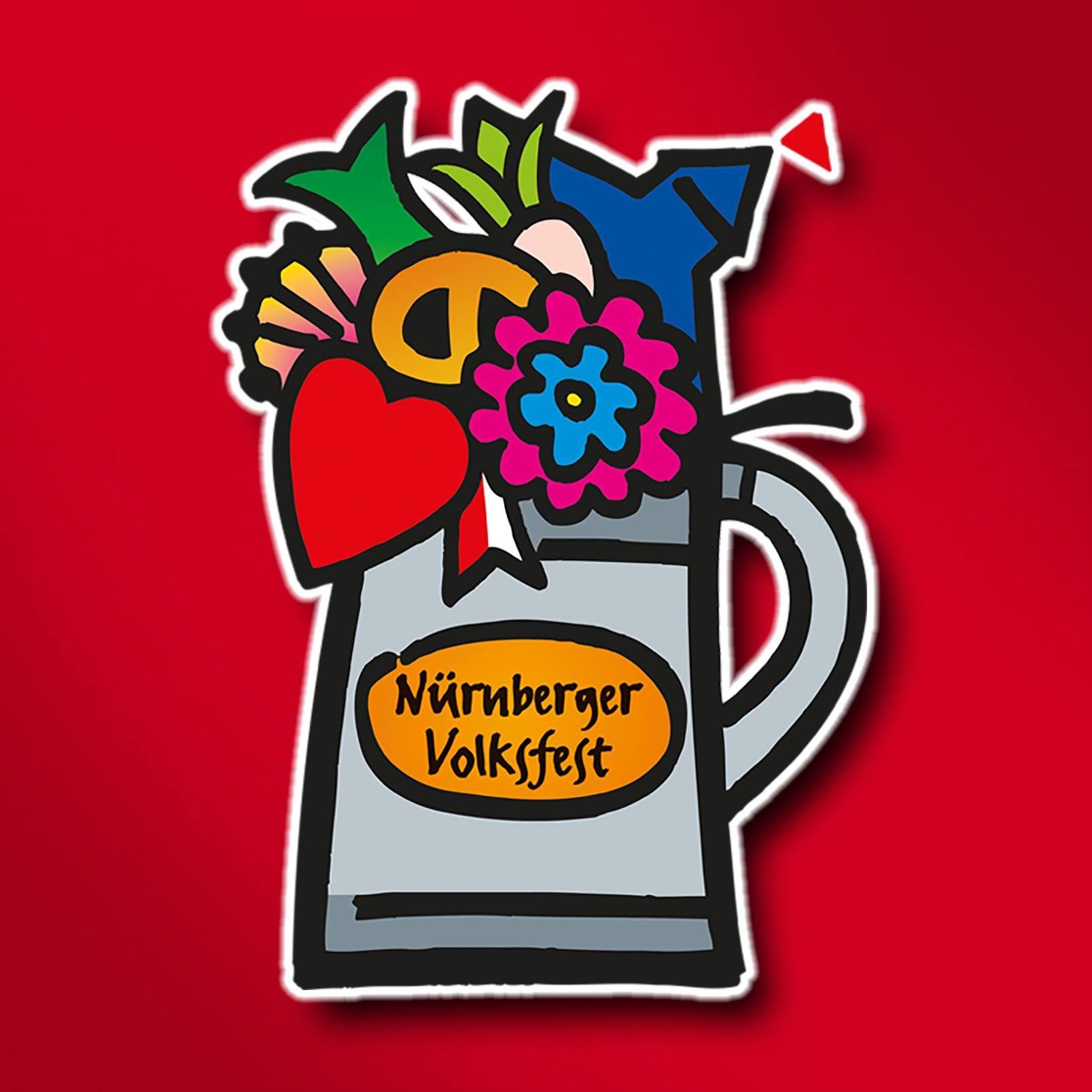 Logo des Nürnberger Volksfests: bunter Maßkrug mit Blumen, Brezel und Herz auf rotem Grund
